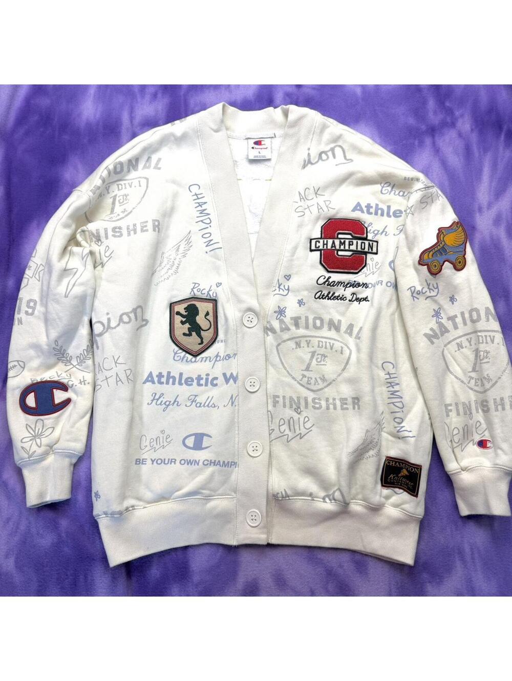 Champion cardigan with allover print and patches / letters